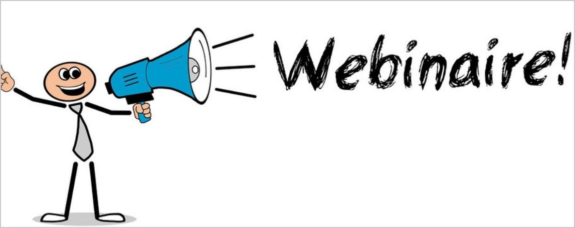 Personnage stylis&eacute; muni d&rsquo;un porte-voix annon&ccedil;ant un webinaire
